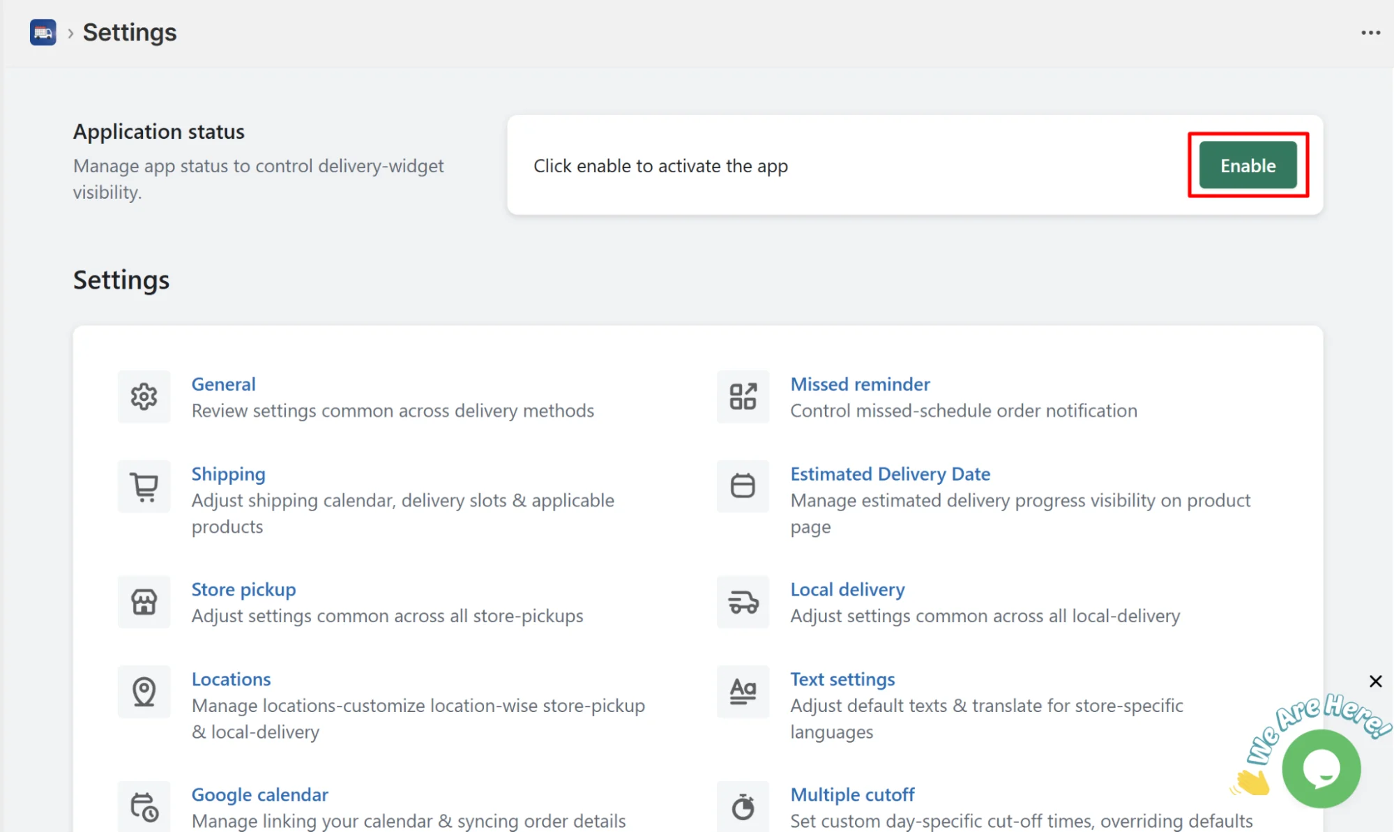 Stellar delivery date and pickup app's dashboard highlighting enable button