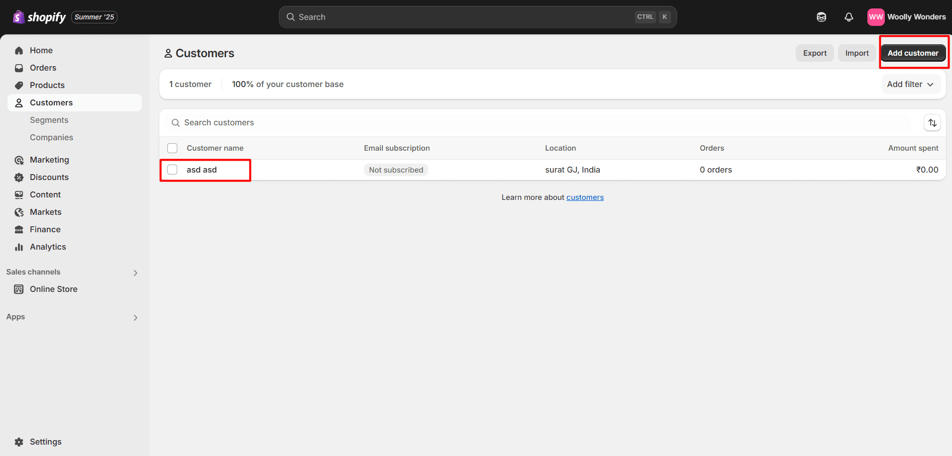 Shopify dashboard highlighting Add Customer option