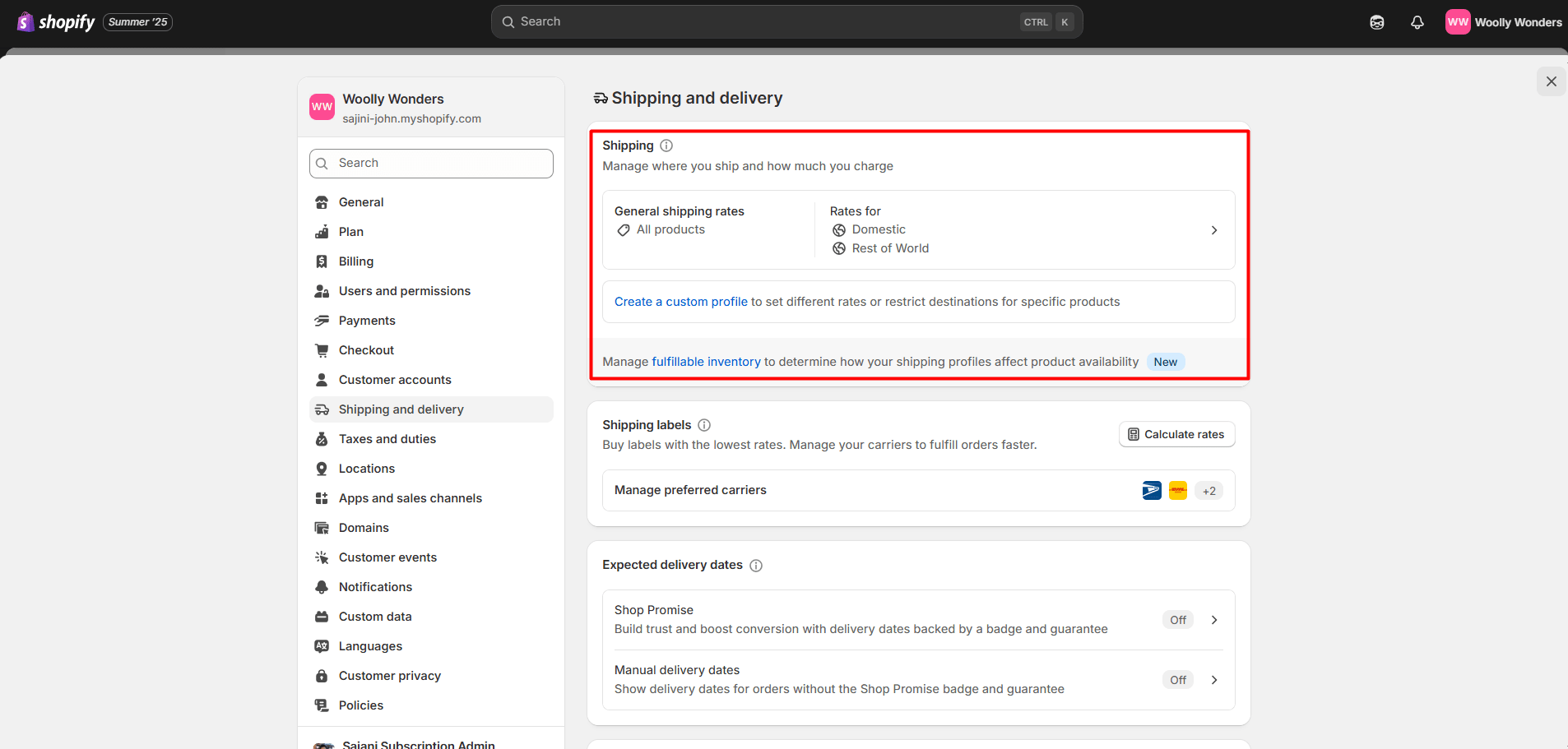 Shopify admin dashboard highlighting shipping and delivery section to update shipping address on Shopify