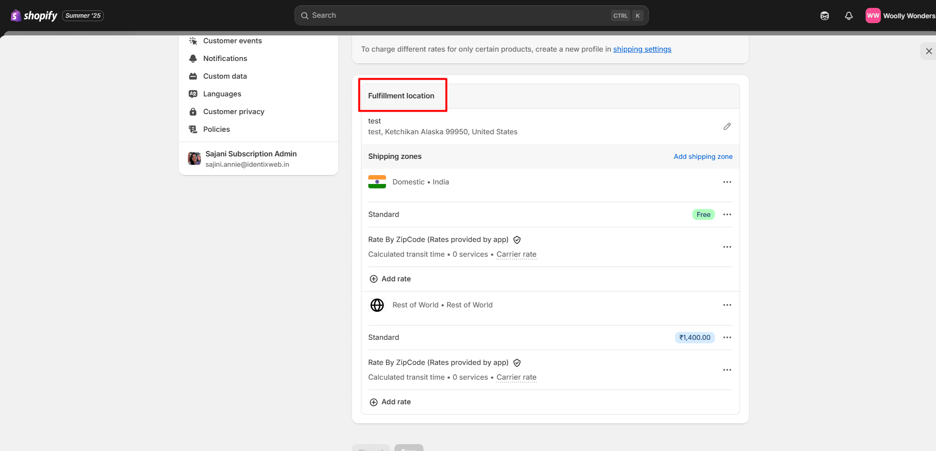 Shopify admin dashboard highlight Fulfillment location option under shipping origin option
