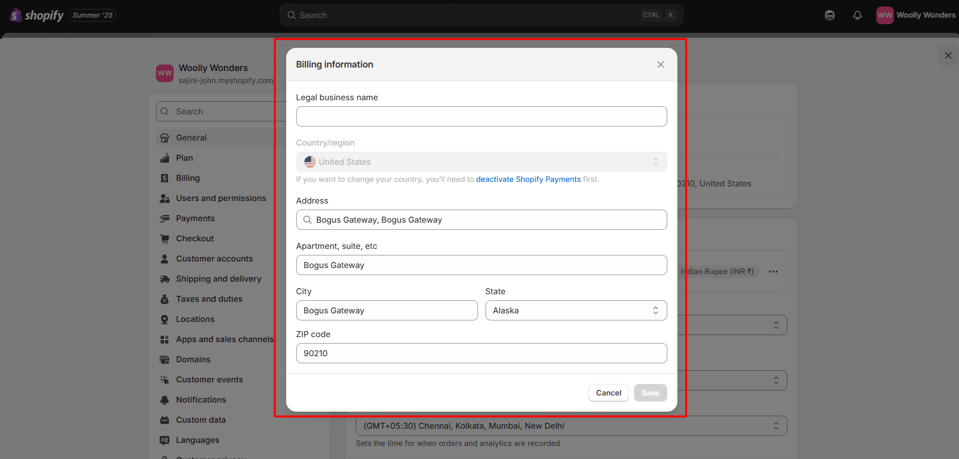 Billing information box showing address details to change or update