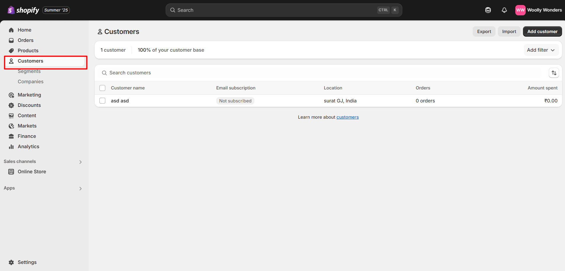 Shopify admin dashboard highlighting customer option