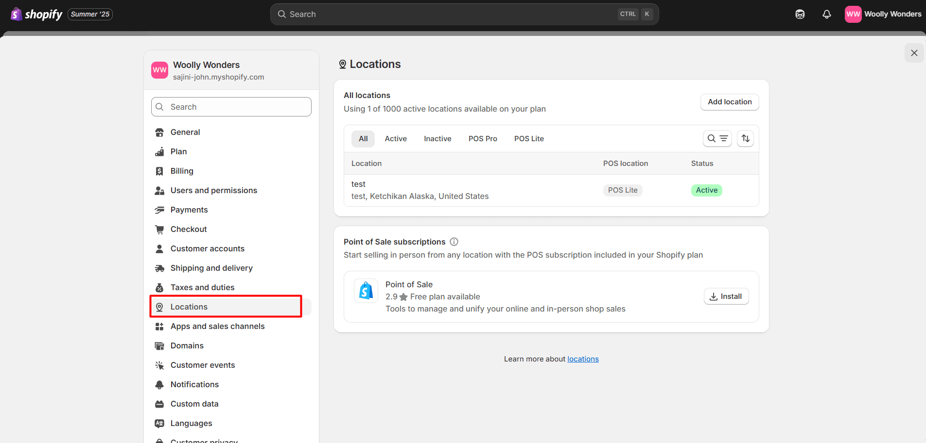 Shopify admin dashboard highlighting location option to change the address