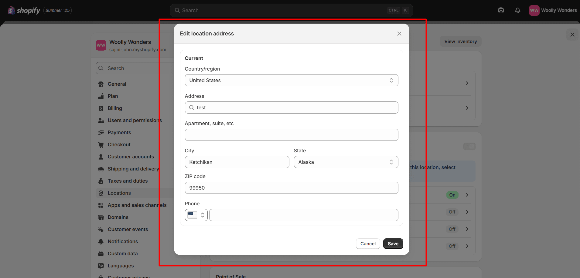 Shopify Locations page showing store location settings for inventory management and shipping profiles, enabling easy address modifications