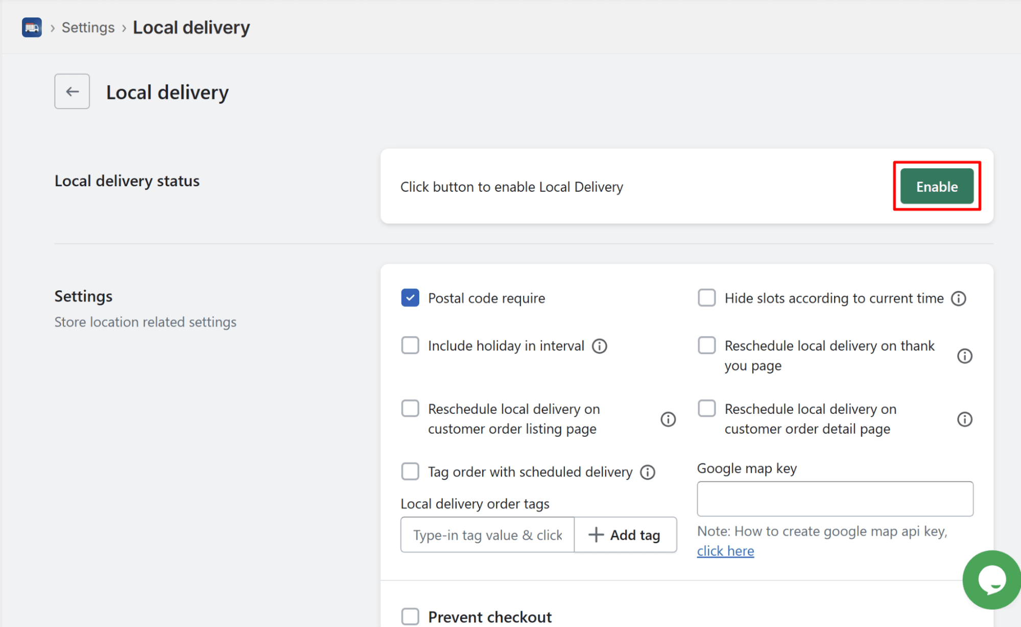 Stellar delivery date pickup app's local delivery option page highlighting enable button