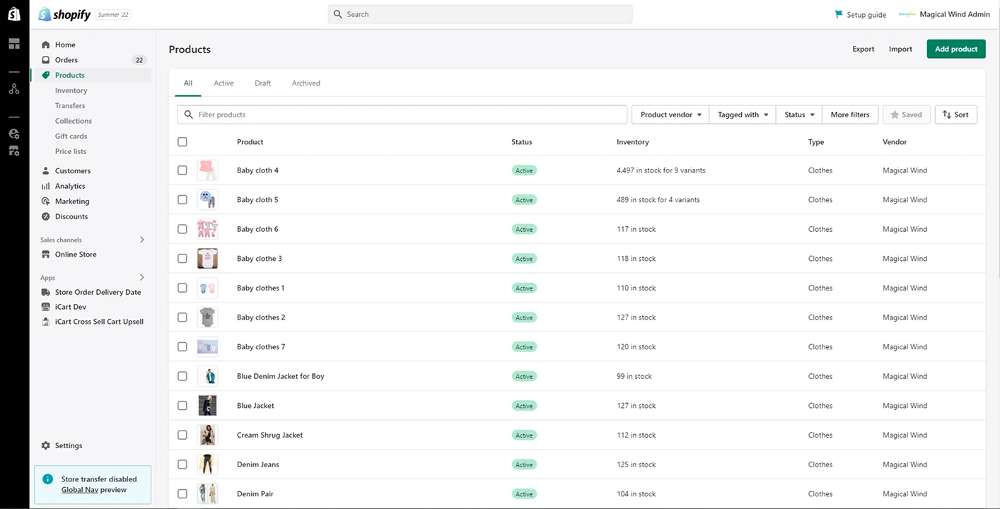 Shopify product inventory management for clothes with volume discount settings, showcasing active and draft product statuses for better sales control