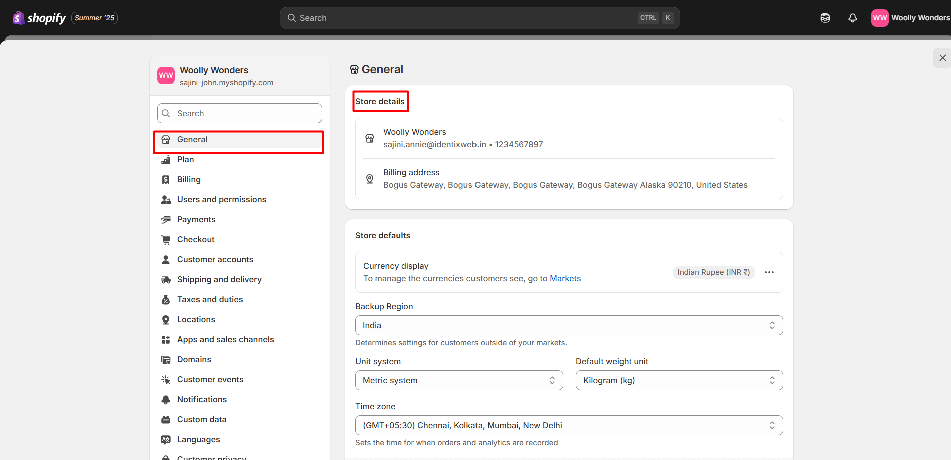 Dashboard highlighting Store Details option to change the address