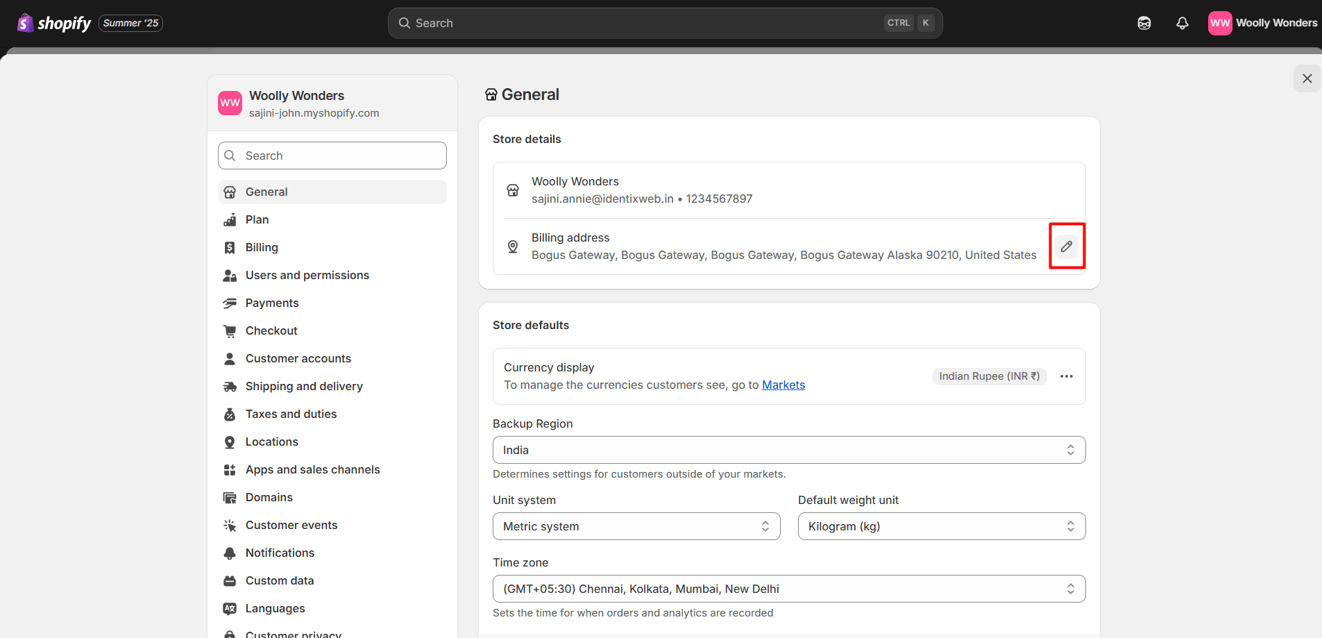 Dashboard highlighting the Edit button to change the billing address