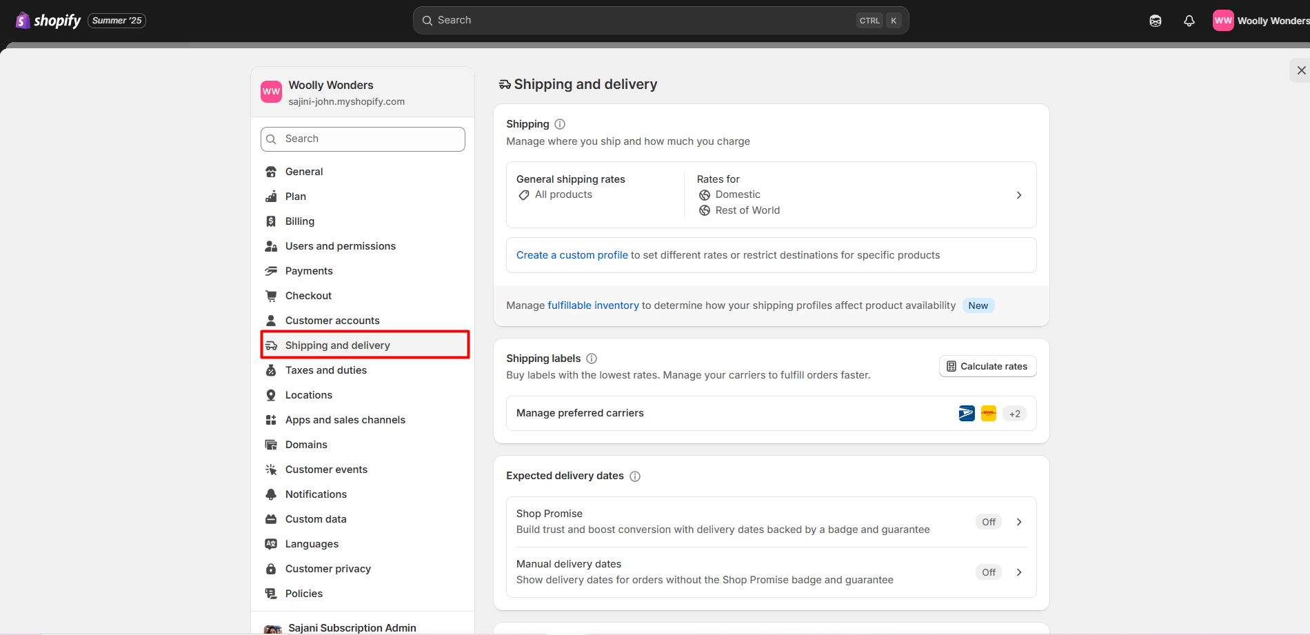 Shopify admin dashboard highlighting shipping and delivery to change shipping origin address on Shopify