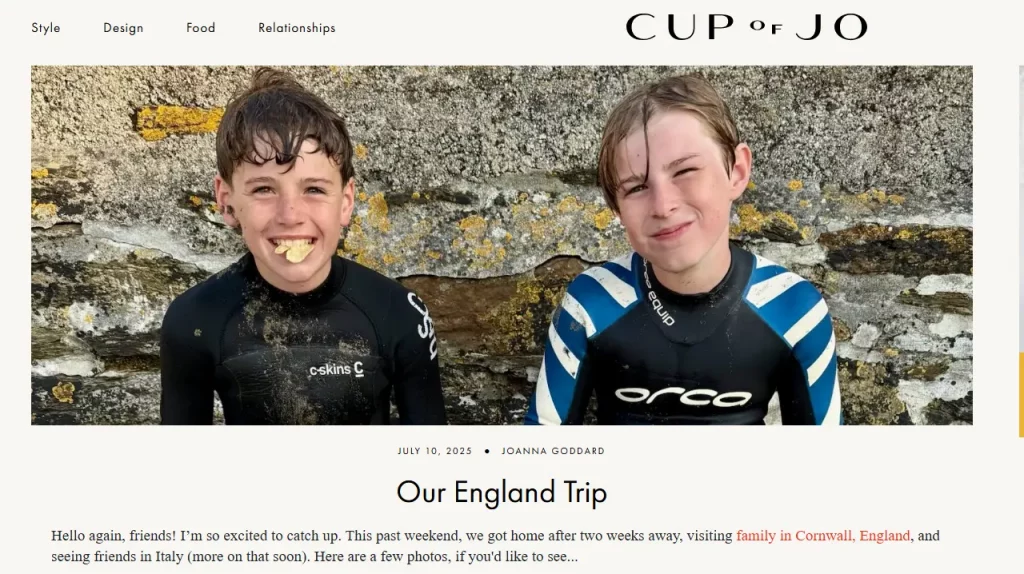 Cup of Joe Shopify blog examples highlighting a lifestyle blog with a personal touch, covering family, fashion, food, and travel.