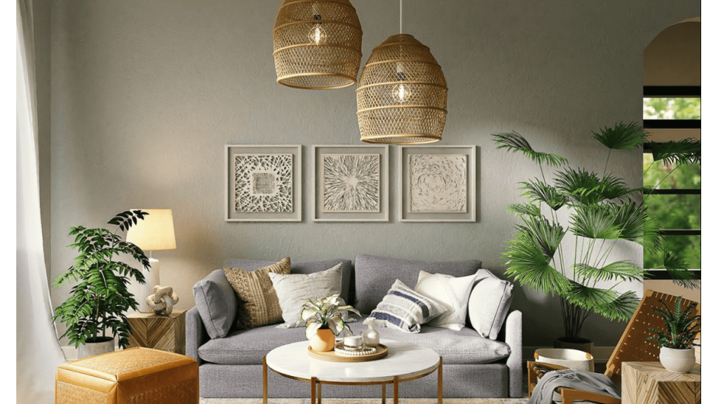 A variety of wholesale home décor items, such as decorative vases, throw pillows, and framed wall art