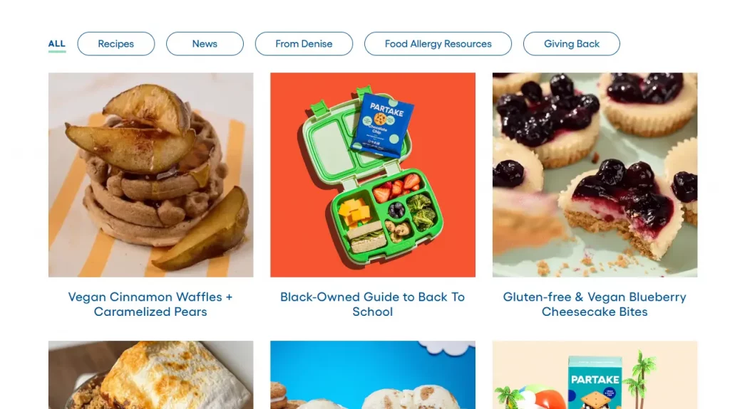 Partake Foods Shopify blog examples featuring allergy friendly snack content, founder’s personal stories, and detailed product insights for health conscious customers.
