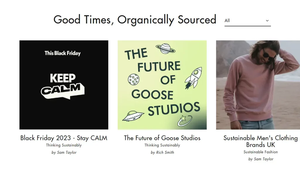 Goose Studios Shopify blog examples showcasing eco-friendly fashion content with a green, nature-inspired design.