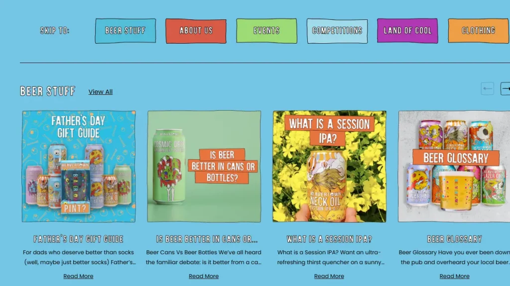 Beaver Town Shopify blog examples featuring bold visuals, playful typography, and engaging beer-related content.