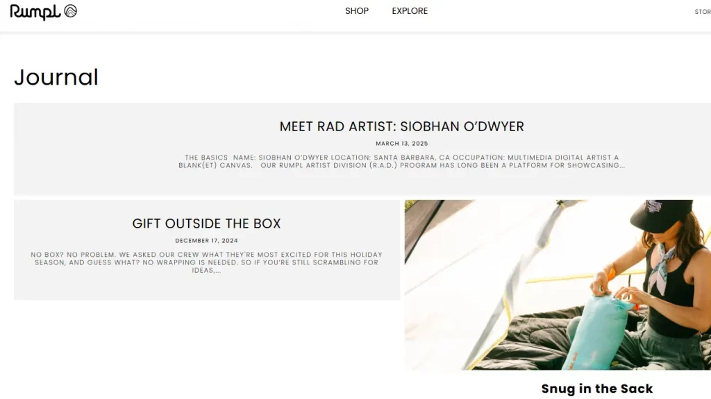 Rumpl Shopify blog examples featuring artist interviews, outdoor blanket designs, and storytelling content.