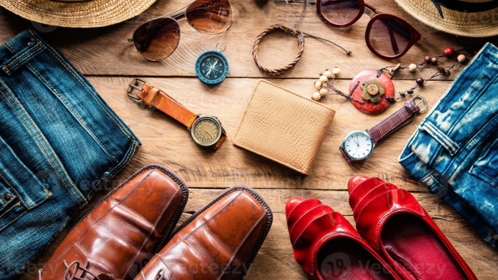 A variety of wholesale clothing and accessories, featuring watches, sunglasses, wallets and shoes displayed on table