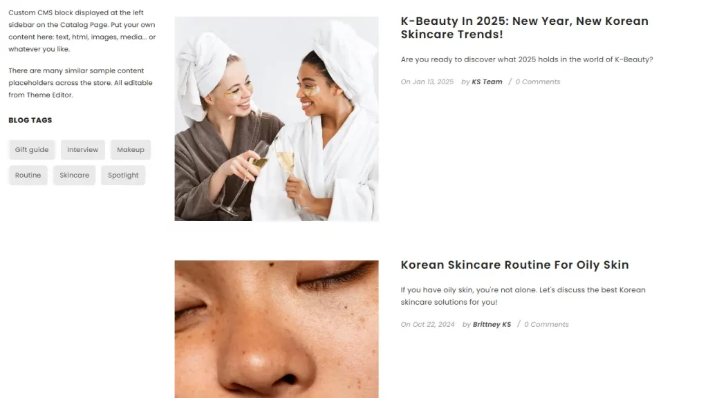 Korean Skincare Shopify blog examples featuring SEO-optimized beauty content, evergreen skincare guides, and influencer collaborations