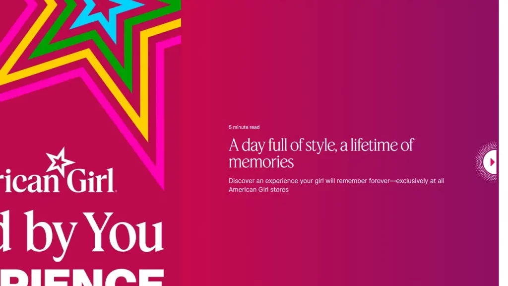 American Girl Shopify blog examples featuring an interactive design with themed categories, DIY projects, and engaging content.