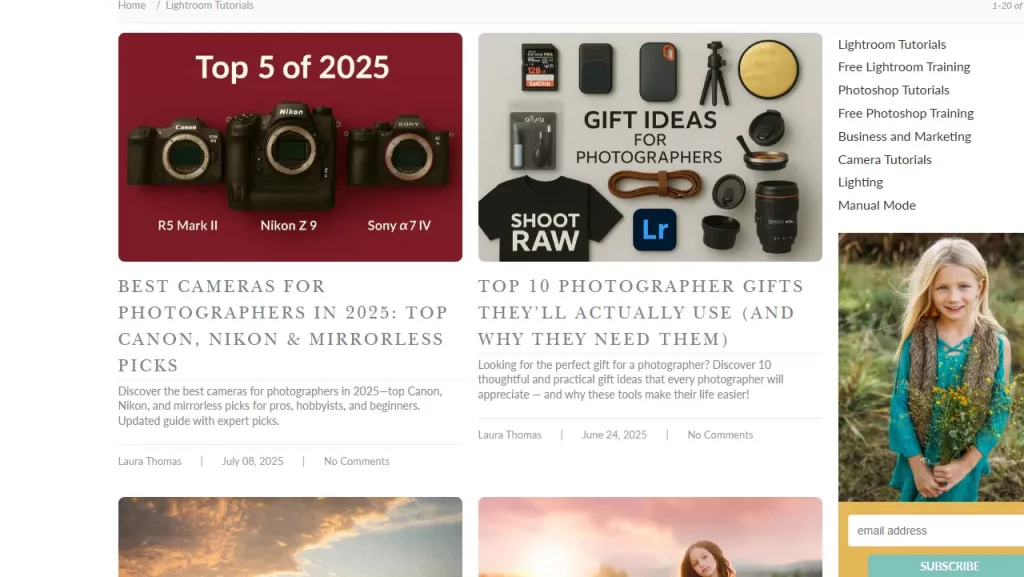 Pretty Presets and Actions Shopify blog examples featuring tutorial based content on Adobe Lightroom and photography.