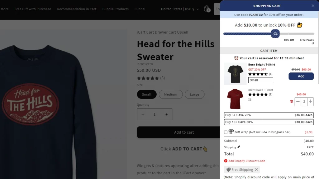 Image of slider cart feature of iCart upsell app