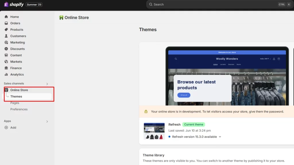 Image highlighting themes option of Shopify admin