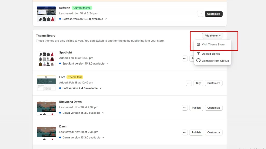 Image highlight visit theme store button on Shopify admin