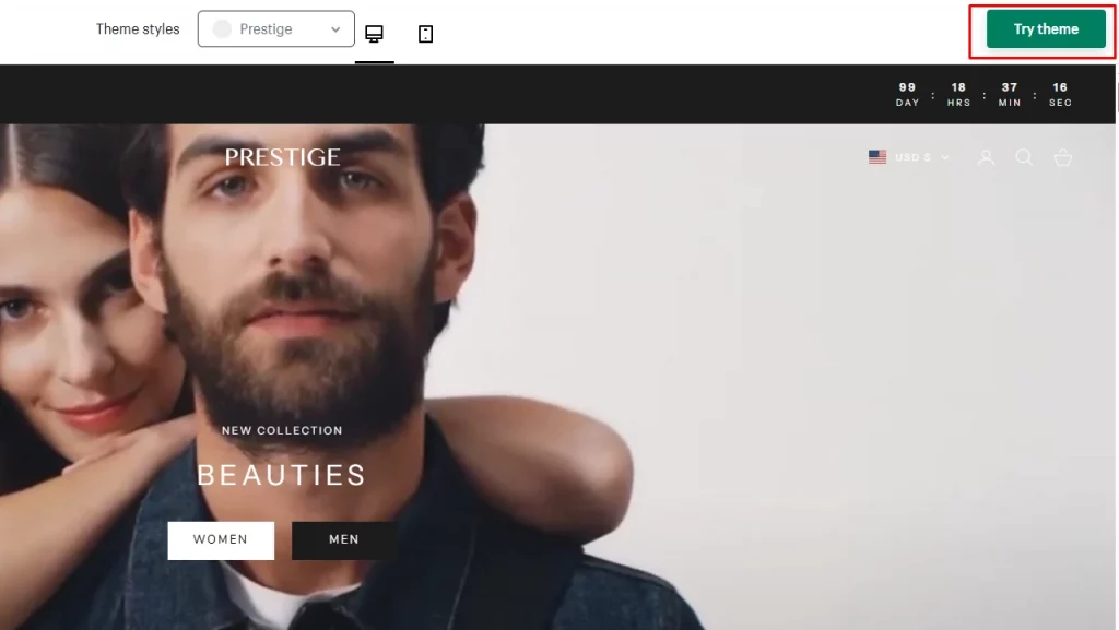 Image of prestige theme demo store highlighting try theme button