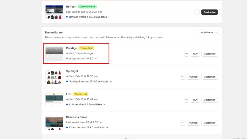 Shopify admin page highlighting Prestige theme for customizaton