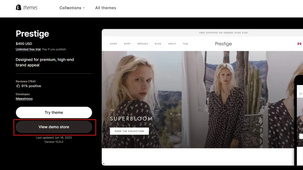 Shopify theme store highlighting view demo store button of prestige theme
