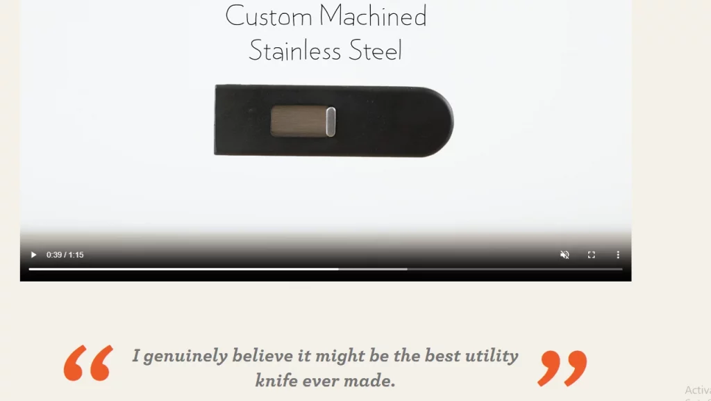 Product video thumbnail showing custom stainless steel utility knife with customer quote to boost add to cart conversion rate