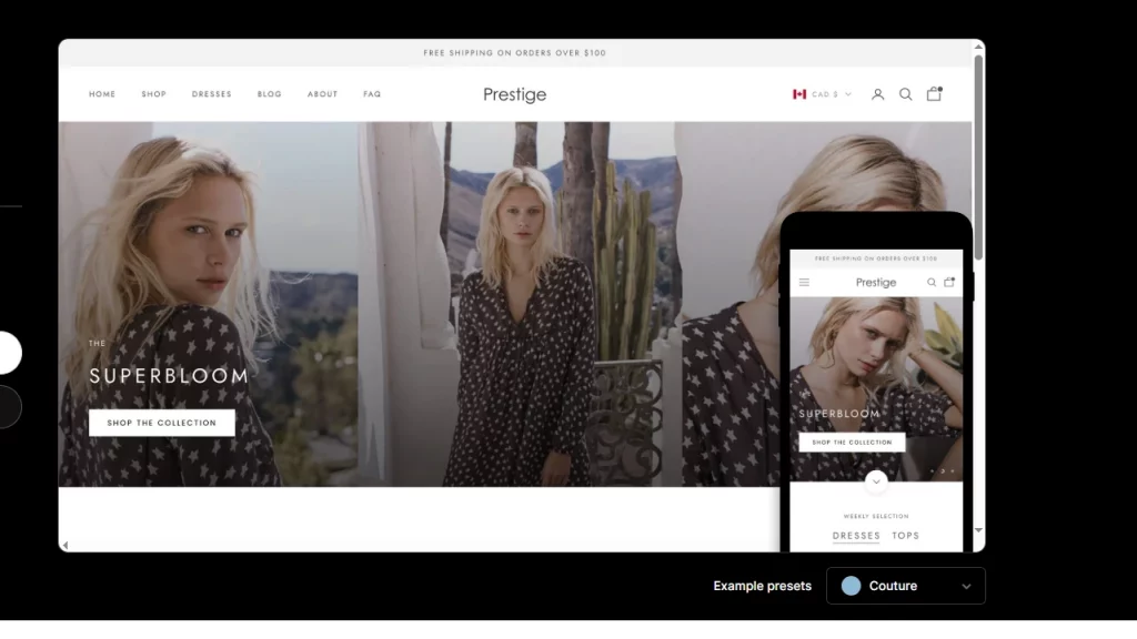 Couture style of the Prestige Shopify theme featuring elegant design, sophisticated fonts, and luxurious visuals for a high-end shopping experience
