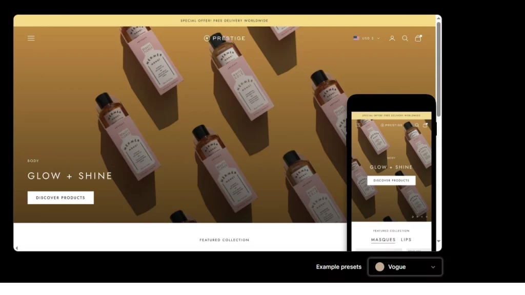 Vogue style of the Prestige Shopify theme with sleek, modern design, and refined visuals, creating a stylish and high-end shopping experience