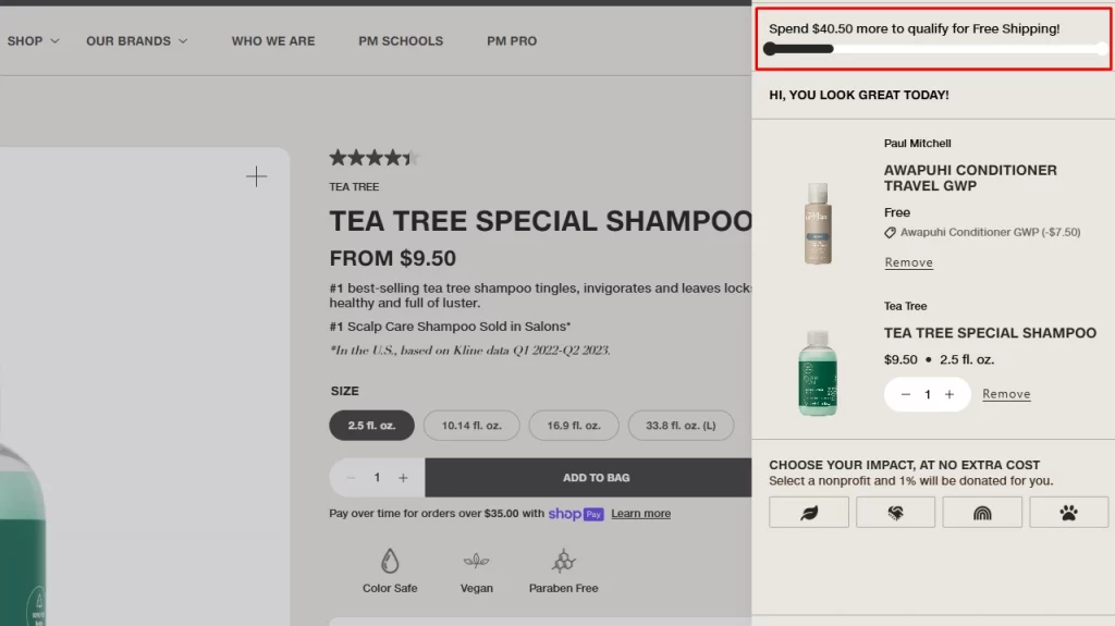 Example of a shopping cart displaying Tea Tree Special Shampoo with a free shipping offer when spending $40.50 or more