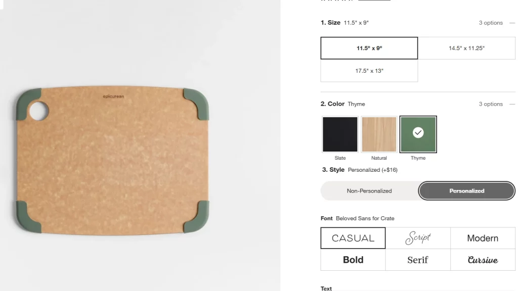 Example of shopping cart featuring a personalized Epicurean cutting board with custom size, color, and font options