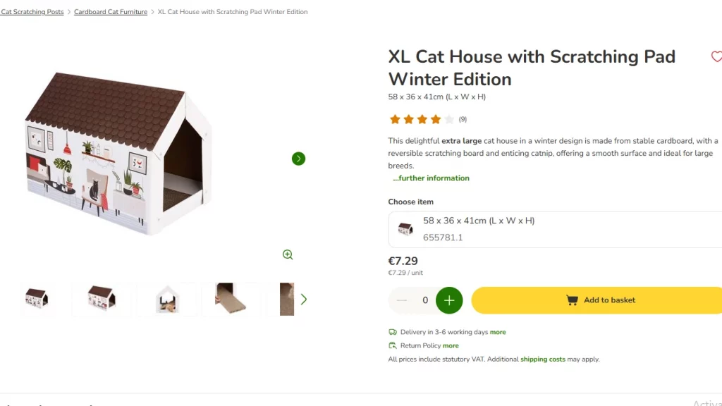 View of a shopping cart containing an XL Cat House with scratching pad, winter design, and catnip for large breeds