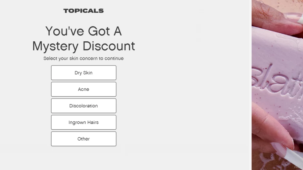 Example of shopping cart with a Topicals mystery discount based on skin concerns like dry skin, acne, and discoloration