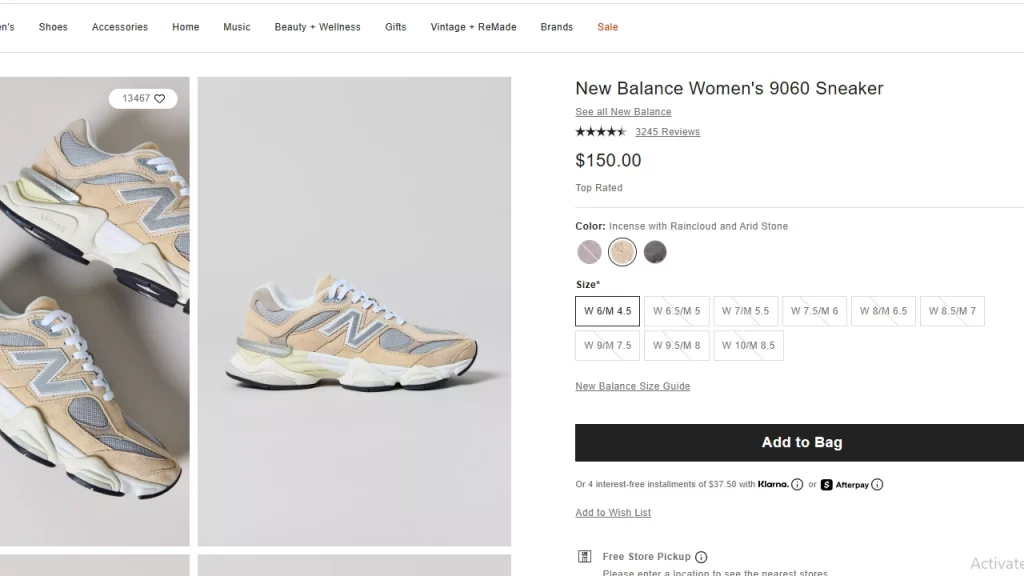 Urban Outfitters Women's 9060 Sneakers in shopping cart, showing product details, size options, and price