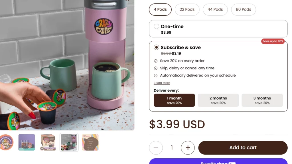 Crazy Cups coffee pods in shopping cart with options for one-time purchase or subscription and delivery schedule