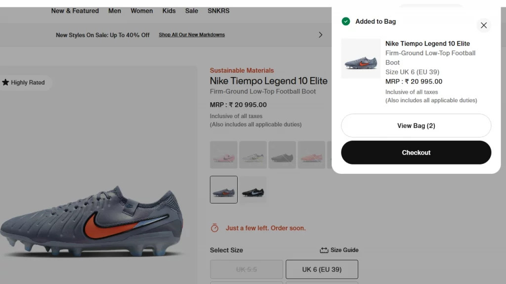 Nike's shopping cart image with added to bag popup