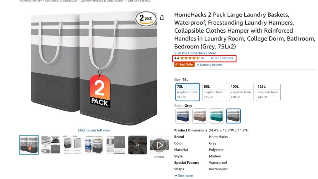 Amazon listing for laundry baskets with 4.4-star rating from 18,952 reviews to increase ecommerce conversion rate