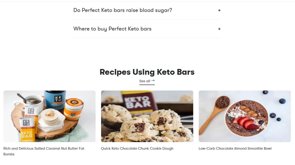 Keto bar website showcasing “Recipes Using Keto Bars” to boost add to cart button visibility