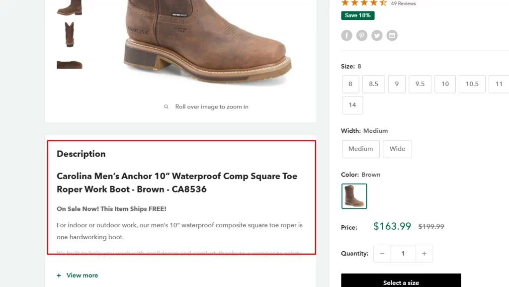 Ecommerce boot page with collapsed description for checkout optimization and cart abandonment reduction