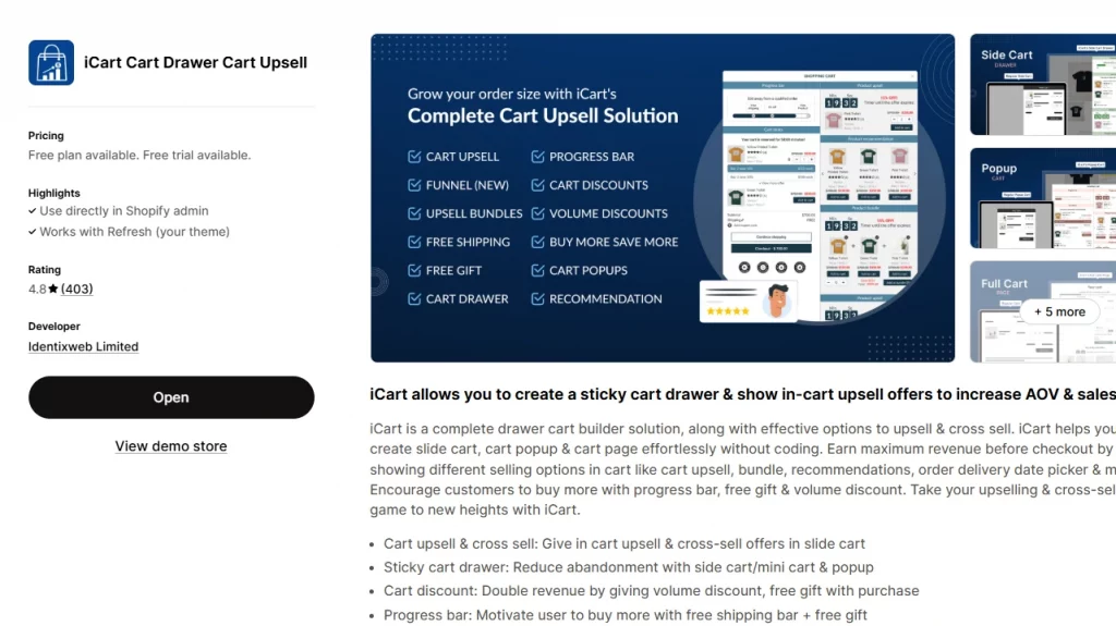 Shopify app store landing page of icart