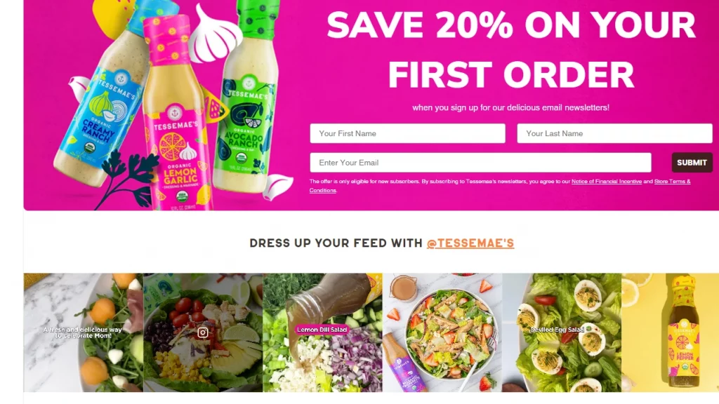 Tessemae’s Organic website's home page layout