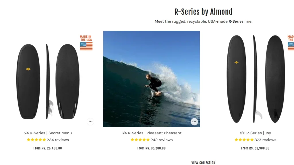 Almond Surfboards website's homepage layout