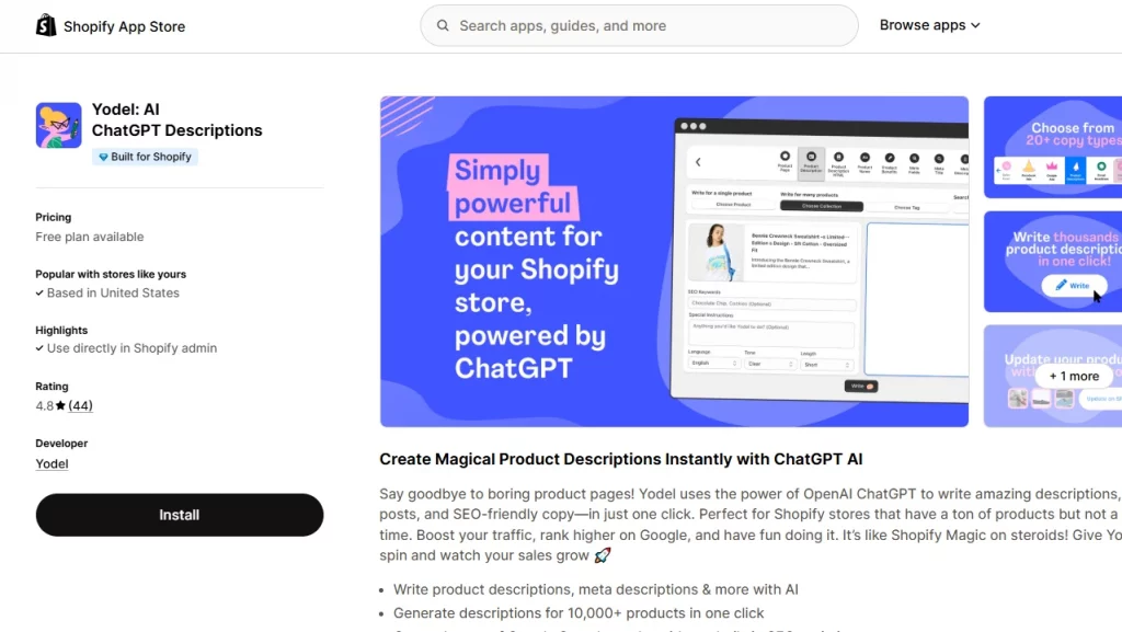 Yodel's Shopify app store landing page