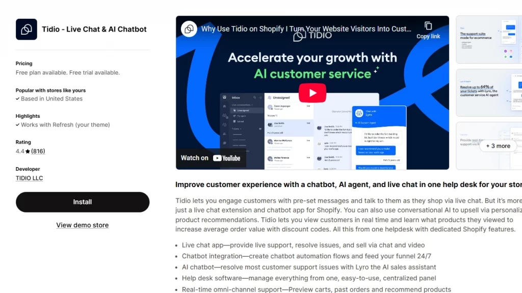 Tidio's Shopify app store landing page