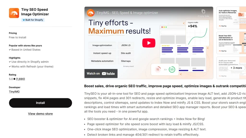 Tiny SEO's Shopify app store landing page