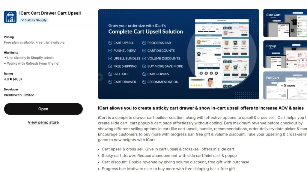 Shopify app store landing page of iCart upsell app