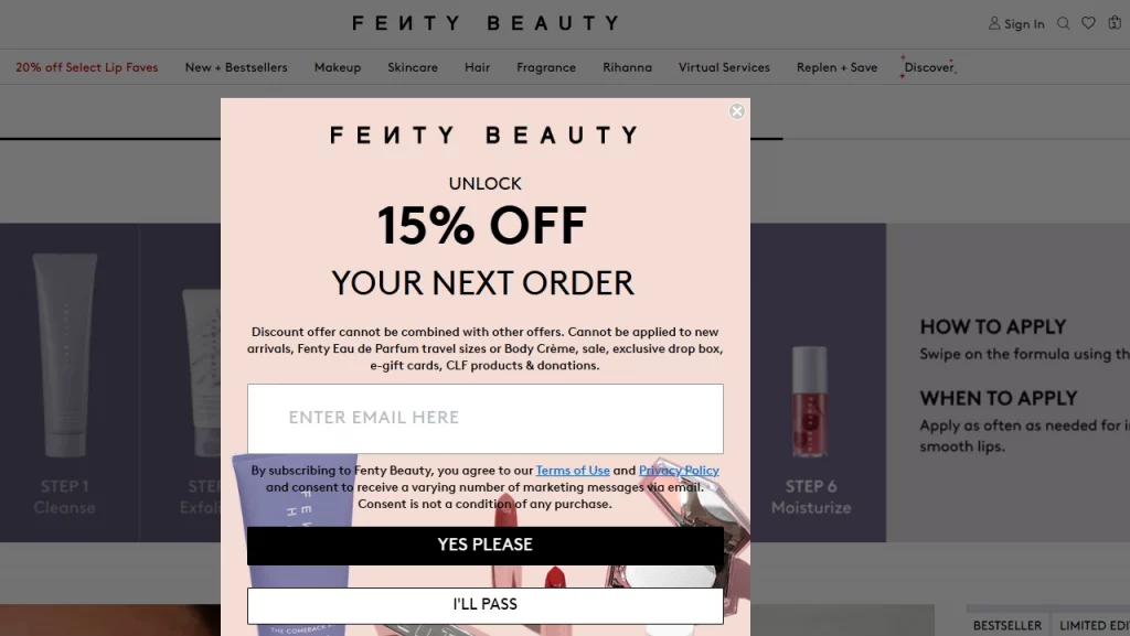 An Exit pop-up is displayed on Fenty Beauty's website.  